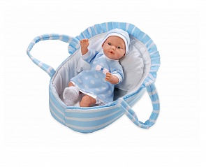 Мягкая кукла из серии Arias Elegance, со звуковыми эффектами, плачем и соской, в переносной голубой люльке, 28 см. (Arias, Т11060)